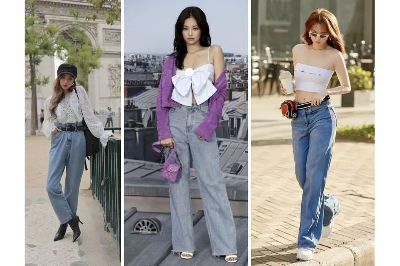 Phối quần jean ống suông với áo tay phồng